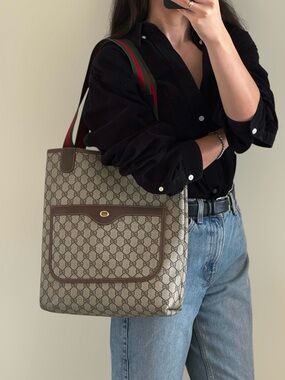 Gucci authentic brown monogram coated canvas tote bag shopper ribbon handles